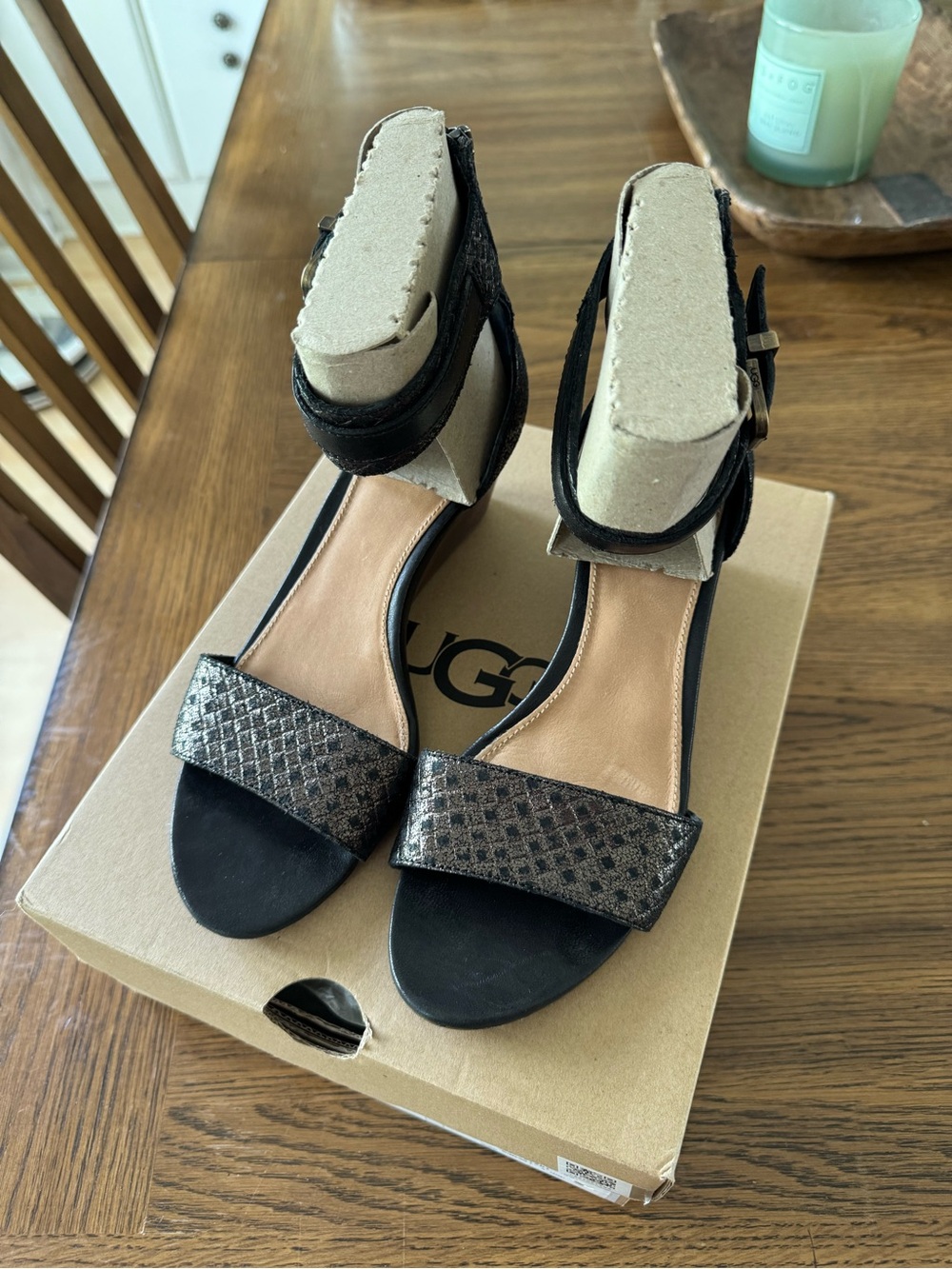 UGG Char Black Shimmer Leather Wedge Ankle Strap Sandals, Sz 7 - NWT & Box - Picture 6 of 13
